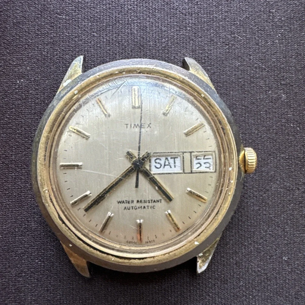 Vintage Timex Automatic Watch Gold Tone Day Date 46661 10877 Water Resistant